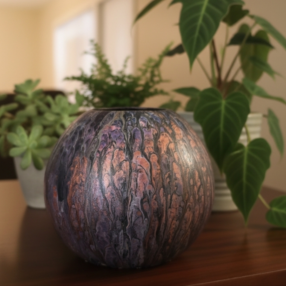 HANDCRAFTED Upcycled Glass Artwork HANDPAINTED Tabletop ART Decor Round Vase